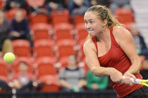 Feb. 7, 2016 - Quebec City, Quebec City, Canada - ALIAKSANDRA SASNOVICH of Belarus in action during her match vs. A. Woznizk in Quebec City Canada on Sunday February 7 2016 Tennis 2016 - Fed Cup - Belarus vs. Canada - ZUMAl132
