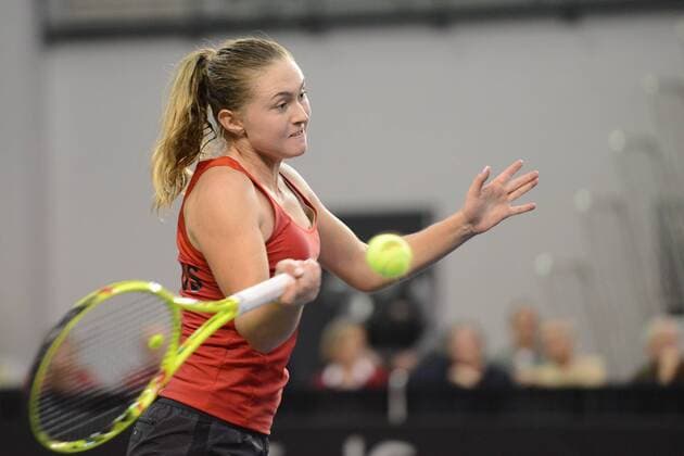 Feb. 7, 2016 - Quebec City, Quebec City, Canada - ALIAKSANDRA SASNOVICH of Belarus in action during her match vs. A. Woznizk in Quebec City Canada on Sunday February 7 2016 Tennis 2016 - Fed Cup - Belarus vs. Canada - ZUMAl132