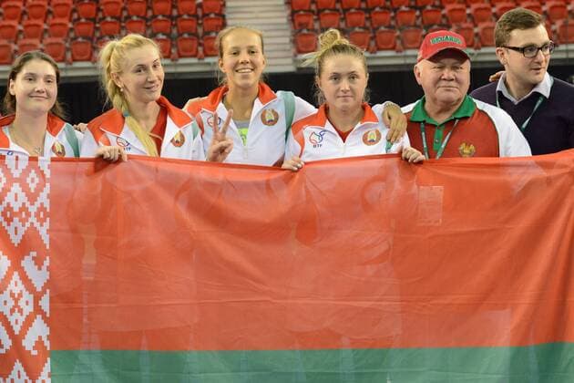 Feb. 7, 2016 - Quebec City, Quebec City, Canada - The Belarusian Fed Cup Team pose for a picture after winning their tie against Canada in Quebec City Canada on Sunday February 7 2016..left to tight: Nika Shytkouskaya Aliaksandra Sasnovich Vera Lapko Olga Govortsova Tennis 2016 - Fed Cup - Belarus vs. Canada - ZUMAl132