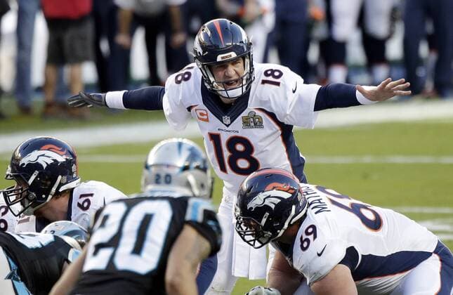 Peyton Manning call out to the offensive line in the first half against the Carolina Panthers at Super Bowl 50 in Santa Clara, California on February 7, 2016. The Denver Broncos defeated the Carolina Panthers 24-10.  SBP20160207067 JOHNxANGELILLO