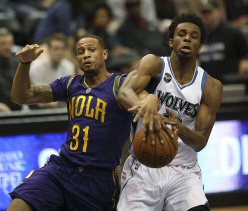 Feb. 4, 2016 - Minneapolis, MN, USA - Minnesota Timberwolves guard Andrew Wiggins (22) is fouled by New Orleans Pelicans guard Bryce Dejean-Jones during the third quarter on Monday, Feb. 8, 2016, at the Target Center in Minneapolis. New Orleans Pelicans at Minnesota Timberwolves - ZUMAm67_