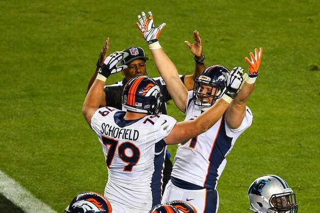 07 FEB 2016: Denver Broncos tight end Owen Daniels (81) and Denver Broncos tackle Michael Schofield (79) celebrate a touchdown during the fourth quarter of the Denver Broncos versus the Carolina Panthers in Super Bowl 50 at Levi s Stadium in Santa Clara, California. (Photo by Rich Graessle Icon Sportswire) NFL American Football Herren USA FEB 07 Super Bowl 50 - Broncos v Panthers Icon02071618550 EDITORIAL USE ONLY