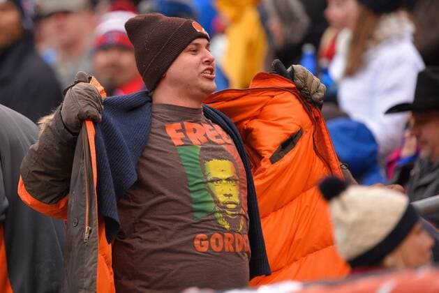 Nov. 16, 2014 - Cleveland, Ohio, USA - A Cleveland Browns fan shows his support for wide receiver Josh Gordon (12) who was suspended for part of the season during a game against the Houston Texans at FirstEnergy Stadium on Nov. 16, 2014 in Cleveland, Ohio...ZUMA PRESS Texans Browns 2014 - ZUMAm63_