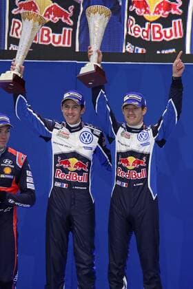 Motorsport, WRC, Rallye Schweden, Siegerehrung Julien Ingrassia (F), Sebastien Ogier (F) WRC Motorsport Rallye WM Rally Sweden 2016 Rally Sweden 2016