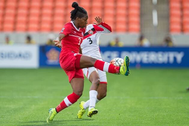 February 14, 2016: Canada defender Kadeisha Buchanan (3) controls the ball in front of Trinidad & Tobago forward Mariah Shade (3) during a CONCACAF Olympic Qualifying soccer match between Canada and Trinidad & Tobago at BBVA Compass Stadium in Houston, TX. Canada won 6-0... Soccer 2016: Canada vs Trinidad & Tobago FEB 14 - ZUMAc04_