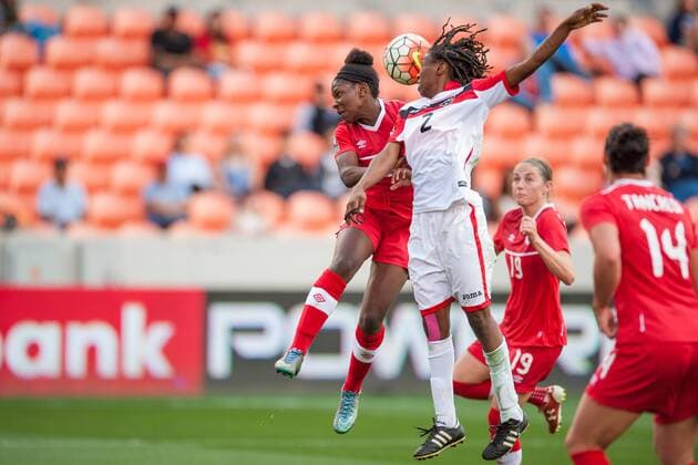 February 14, 2016: Canada forward Deanne Rose (6) and Trinidad & Tobago defender Jenelle Cunningham (2) battle for a header during a CONCACAF Olympic Qualifying soccer match between Canada and Trinidad & Tobago at BBVA Compass Stadium in Houston, TX. Canada won 6-0... Soccer 2016: Canada vs Trinidad & Tobago FEB 14 - ZUMAc04_
