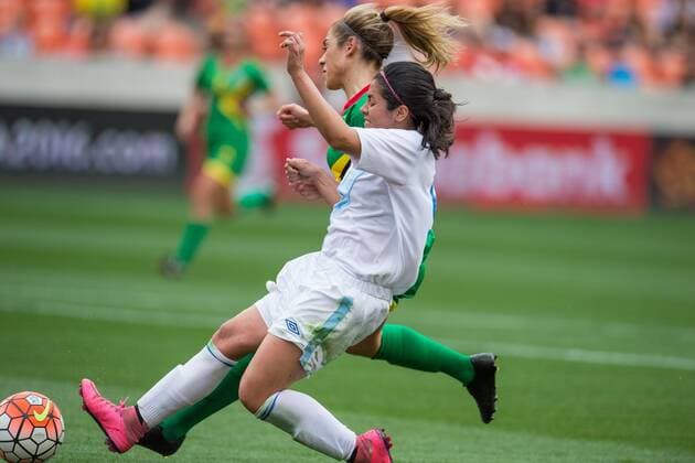 February 14, 2016: Guatemala forward Ana Lucia Martinez Martinez (9) battles for the ball against Guyana midfielder Alison Heydorn (2) during a CONCACAF Olympic Qualifying soccer match between Guatemala and Guyana at BBVA Compass Stadium in Houston, TX. Guyana won 2-1... Soccer 2016: Guatemala vs Guyana FEB 14 - ZUMAc04_
