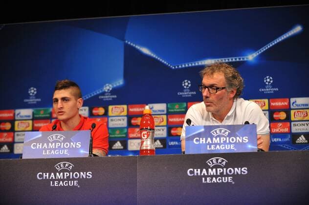 LAURENT BLANC (ENTRAINEUR PSG) - MARCO VERRATTI (psg) FOOTBALL : Pressekonferenz Paris St. Germain - Champions League - 15 02 2016 LECOEUR FEPx 