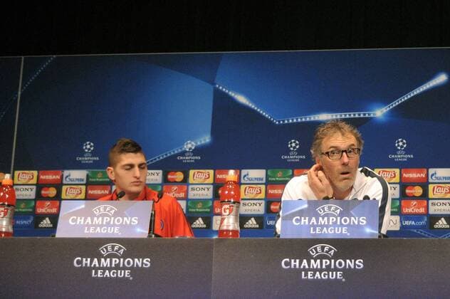 LAURENT BLANC (ENTRAINEUR PSG) - MARCO VERRATTI (psg) FOOTBALL : Pressekonferenz Paris St. Germain - Champions League - 15 02 2016 LECOEUR FEPx 