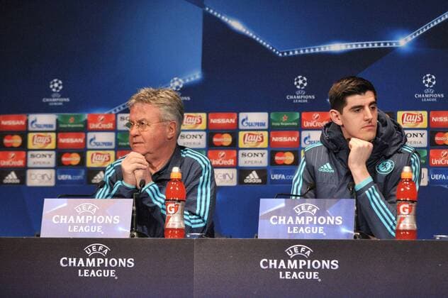 Fußball, Champions League, FC Chelsea PK Guus Hiddink (ENTRAINEUR CHELSEA) - Thibaut Courtois (che) FOOTBALL : PK Chelsea FC London - Champions League - 15 02 2016 LECOEUR FEPx 