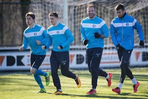 Gent s Hannes Van der Bruggen, Gent s Thomas Foket, Gent s Laurent Depoitre and Gent s Lucas Deaux pictured in action during a training session of Belgian first league soccer team KAA Gent, Tuesday 16 February 2016 in Gent. Gent is preparing for the first leg of the 1 8 finals of the UEFA Champions League competition against German club VfL Wolfsburg tomorrow. JASPERxJACOBS  x04793771x