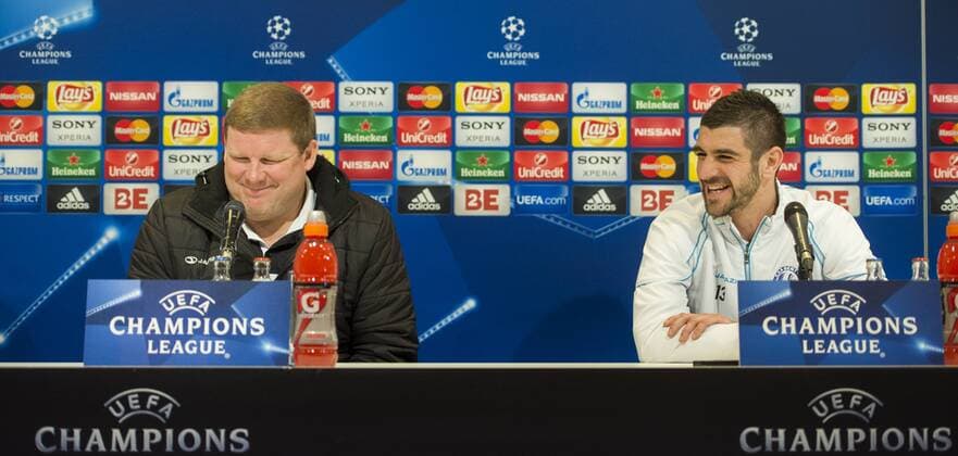 Fußball, Champions League, KAA Gent PK Gent s head coach Hein Vanhaezebrouck and Gent s Stefan Mitrovic pictured during a press conference PK Pressekonferenz of Belgian first league soccer team KAA Gent, Tuesday 16 February 2016 in Gent. Gent is preparing for the first leg of the 1 8 finals of the UEFA Champions League competition against German club VfL Wolfsburg tomorrow. JASPERxJACOBS  x04793933x