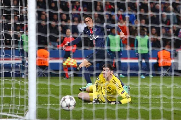 Edinson Cavani of PSG scores his sides second goal - UEFA Champions League - PSG vs Chelsea - Parc des Princes - Paris - 16 02 2016 Pic Philip Oldham SportImage EDITORIAL USE ONLY. No use with unauthorised audio, video, data, fixture lists, club league logos or live services. Online in-match use limited to 120 images, no video emulation. No use in betting, games or single club league player publications.