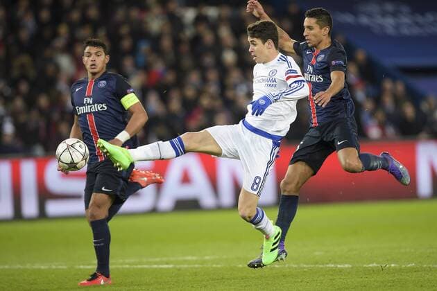 Fußball, Champions League, Paris St. Germain - FC Chelsea Marquinhos (PSG) vs Oscar (Chelsea) - Fussball, Champions League, Paris Saint Germain PSG vs. FC Chelsea - 16 02 2016 JBAutissier Panoramic 