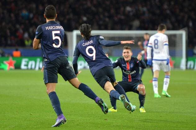 EDINSON CAVANI (psg) - MARCO VERRATTI (psg) - Fussball, Champions League, Paris Saint Germain PSG vs. FC Chelsea - 16 02 2016 AnthonyBIBARD FEP Panoramic 