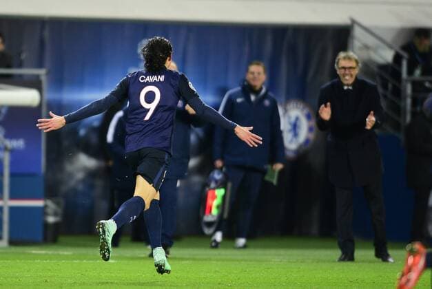 Edinson Cavani ( PSG ) - Laurent Blanc ( PSG ) - Fussball, Champions League, Paris Saint Germain PSG vs. FC Chelsea - 16 02 2016 FedericoPestellini Panoramic 