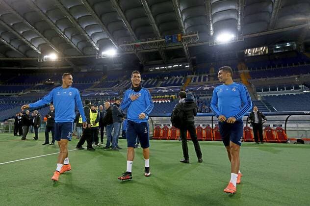 Real Madrid (Champions League) training session in Rome. In this picture, Danilo, Cristiano Ronaldo and Casemiro. xPABLOGARCIAx 