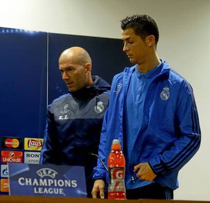 Zinedine Zidane and Cristiano Ronaldo (Real Madrid) attend press conference PK Pressekonferenz xPabloxGarciax 