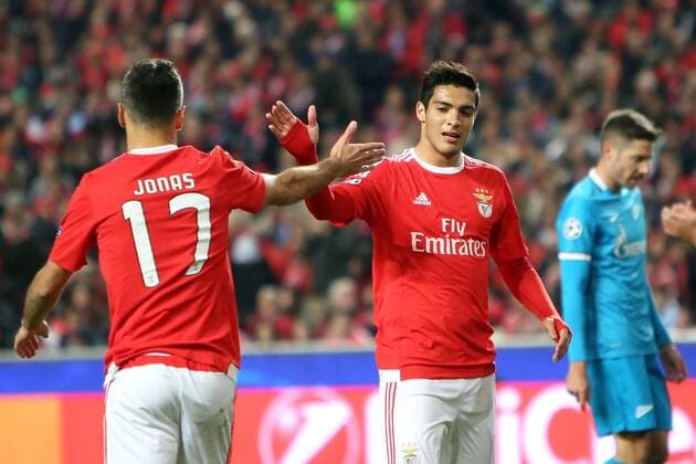 Feb. 16, 2016 - Lisbon, Portugal - Benfica s forward Jonas celebrates with Benfica s forward Ral Jimnez during the UEFA Champions League round of 16 football match between SL Benfica and FC Zenith at the Luz stadium in Lisbon on February 16, 2016. UEFA Champions League - Benfica Vs Zenith  - ZUMAn230