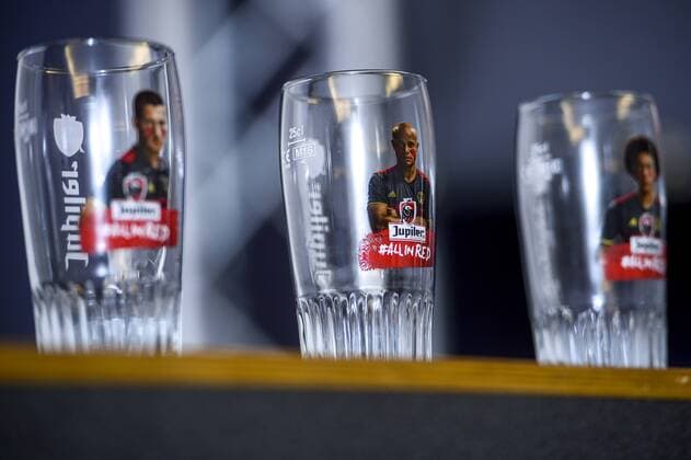 Beer glasses with Red Devils pictured at a press conference PK Pressekonferenz of AB InBev on the 25 years of partnership between famous Belgian beer Jupiler and the Red Devils national soccer team, Wednesday 17 February 2016 in Brussels. DIRKxWAEM  x04794332x
