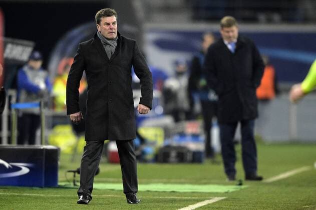 Wolfsburg s head coach Dieter Hecking and Gent s head coach Hein Vanhaezebrouck pictured during a game between Belgian KAA Gent and German VfL Wolfsburg, a first leg of the 1 8 finals of the UEFA Champions League competition, in Gent, Wednesday 17 February 2016. YORICKxJANSENS  x04794770x