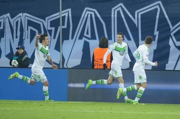Wolfsburg s players celebrate after scoring during a game between Belgian KAA Gent and German VfL Wolfsburg, a first leg of the 1 8 finals of the UEFA Champions League competition, in Gent, Wednesday 17 February 2016. JASPERxJACOBS  x04794806x