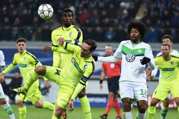Kums Sven midfielder of KAA Gent - Neto Renato Cardoso midfielder of KAA Gent - Dante defender of VfL Wolfsburg FOOTBALL : KAA Gent vs VFL Wolfsburg - Champions League 17 02 2016 PHOTONEWS PANORAMIC 