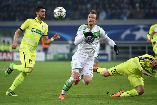 Mitrovic Stefan defender of KAA Gent - Maximilian Arnold midfielder of VfL Wolfsburg - Nielsen Lasse defender of KAA Gent FOOTBALL : KAA Gent vs VFL Wolfsburg - Champions League 17 02 2016 PHOTONEWS PANORAMIC 