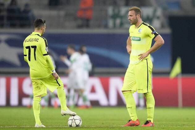 Gent s Danijel Milicevic and Gent s Laurent Depoitre pictured during a game between Belgian KAA Gent and German VfL Wolfsburg, a first leg of the 1 8 finals of the UEFA Champions League competition, in Gent, Wednesday 17 February 2016. YORICKxJANSENS  x04794846x