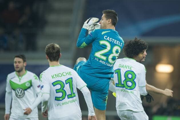 Wolfsburg s goalkeeper Koen Casteels pictured in action during a game between Belgian KAA Gent and German VfL Wolfsburg, a first leg of the 1 8 finals of the UEFA Champions League competition, in Gent, Wednesday 17 February 2016. JASPERxJACOBS  x04794870x