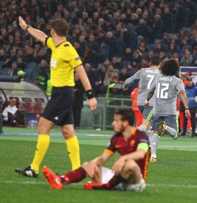 17.02.2016. Stadio Olimpico, Rome, Italy. UEFA Champions League, Round of 16 - first leg, AS Roma versus Real Madrid. Cristinao RONALDO turns to celebrate scoring in the 57th minute for 0-1 xACTIVAxFOTOx  ActionPlus11708625