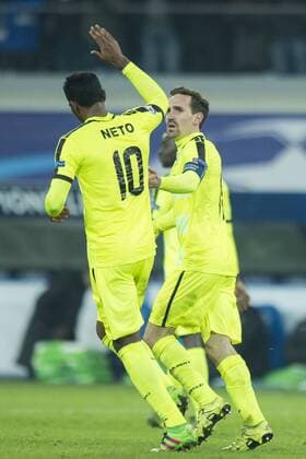 Gent s Renato Neto and Gent s Sven Kums celebrate after scoring during a game between Belgian KAA Gent and German VfL Wolfsburg, a first leg of the 1 8 finals of the UEFA Champions League competition, in Gent, Wednesday 17 February 2016. JASPERxJACOBS  x04794929x