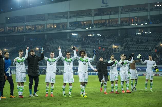 Wolfsburg s players celebrate after winning a game between Belgian KAA Gent and German VfL Wolfsburg, a first leg of the 1 8 finals of the UEFA Champions League competition, in Gent, Wednesday 17 February 2016. JASPERxJACOBS  x04794954x