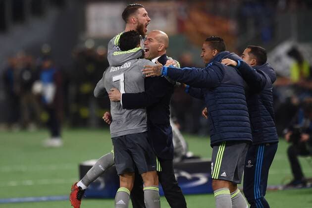 Fußball, Champions League, Zinedine Zidane, AS Rom - Real Madrid Rom, Champions League 2015 2015 AS Rom - Real Madrid Torjubel Tor Cristiano Ronaldo 