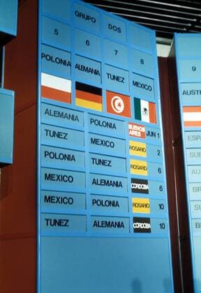 Buenos Aires 1977, Auslosung zur WM 1978 in Argentinien, Tableau der Gruppe 2 mit Polen, Deutschland, Tunesien und Mexiko sowie dem datierten Spielplan
