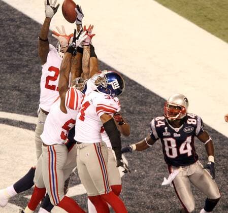 Feb. 5, 2012 - Indianapolis, IN, USA - Everybody goes up for a last second Hail Mary during the final seconds of Super Bowl XLVI. Super Bowl XLVI came down to the final seconds as the New York Giants beat the New England Patriots with a final score of 21-17 in Lucas Oil Stadium in Indianapolis, IN. Photo By Aaron Suozzi Super Bowl XLVI New York Giants vs. New England Patriots - ZUMAs102