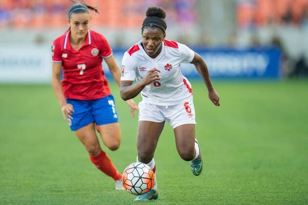 February 19, 2016: Canada forward Deanne Rose (6) controls the ball in front of Costa Rica forward Melissa Herrera (7) during a semi-final CONCACAF Olympic Qualifying soccer match between Canada and Costa Rica at BBVA Compass Stadium in Houston, TX. .. Soccer 2016: Canada vs Costa Rica FEB 19 - ZUMAc04_