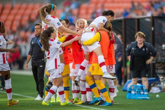 February 19, 2016: Canada forward Christine Sinclair (12) celebrates her goal with teammates in the 1st half of a semi-final CONCACAF Olympic Qualifying soccer match between Canada and Costa Rica at BBVA Compass Stadium in Houston, TX. .. Soccer 2016: Canada vs Costa Rica FEB 19 - ZUMAc04_