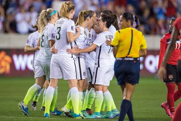February 19, 2016: United States forward Alex Morgan (13) celebrates her 3rd goal of the night with teammates during a semi-final CONCACAF Olympic Qualifying soccer match between the USA and Trinidad & Tobago at BBVA Compass Stadium in Houston, TX. USA won 5-0 and earned a spot in the Summer Olympics... Soccer 2016: Trinidad & Tobago vs USA FEB 19 - ZUMAc04_