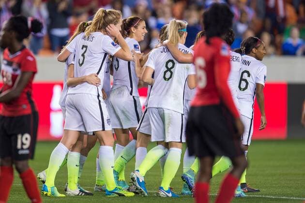 February 19, 2016: United States forward Alex Morgan (13) celebrates her 2nd goal of the night with teammates during a semi-final CONCACAF Olympic Qualifying soccer match between the USA and Trinidad & Tobago at BBVA Compass Stadium in Houston, TX. USA won 5-0 and earned a spot in the Summer Olympics... Soccer 2016: Trinidad & Tobago vs USA FEB 19 - ZUMAc04_