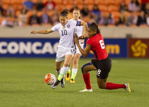 19 February 2016: USA Midfielder Carli Lloyd (10) and Trinidad & Tobago Midfielder Victoria Swift (8) during the Women s Olympic semi-final qualifying match between USA and Trinidad & Tobago at BBVA Compass Stadium in Houston, Texas. (Photograph by Leslie Plaza Johnson Icon Sportswire) SOCCER: FEB 19 Women s Olympic Qualifying - Semifinal - USA v Trinidad & Tobago Icon16021906 EDITORIAL USE ONLY