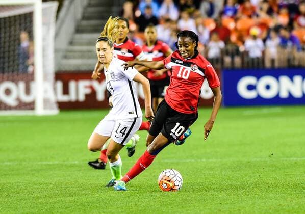 19 FEB 2016: Trinidad & Tobago Midfielder Tasha St Louis (10) maneuvers around United States Midfielder Morgan Brian (14) during the Women s Olympic qualifying soccer match between USA and Trinidad & Tobago at BBVA Compass Stadium in Houston, Texas. (Photo by Ken Murray Icon Sportswire) SOCCER: FEB 19 Women s Olympic Qualifying - Semifinal - USA v Trinidad & Tobago Icon160219002 EDITORIAL USE ONLY