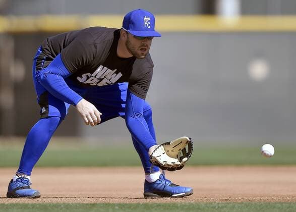Feb. 20, 2016 - Surprise, AZ, USA - Kansas City Royals third baseman Mike Moustakas takes grounders during a spring training workout on Saturday, Feb. 20, 2016, in Surprise, Ariz. Kansas City Royals spring training - ZUMAm67_