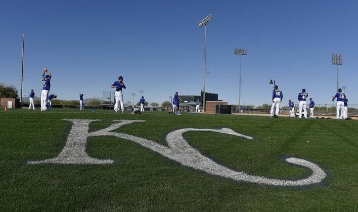 Feb. 20, 2016 - Surprise, AZ, USA - Pitchers and catchers warm up during the Kansas City Royals spring training workout on Saturday, Feb. 20, 2016, in Surprise, Ariz. Kansas City Royals spring training - ZUMAm67_