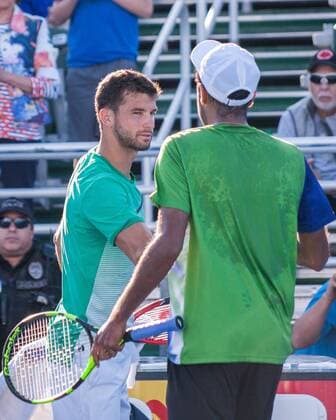 Feb. 20, 2016 - Delray Beach, Florida, US - Bulgarian GRIGOR DIMITROV congratulates American RAJEEV RAM after being upset 6-4, 6-3 in the semi-finals of the ATP Tennis Herren World Tour Delray Beach Open in Delray Beach, Florida. ATP World Tour Delray Beach Open - ZUMAd84_