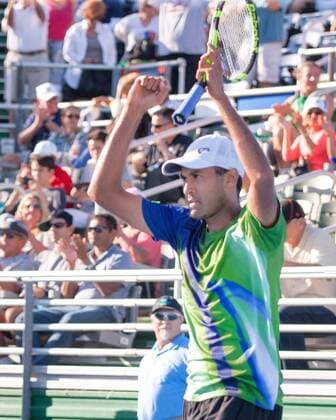 Feb. 20, 2016 - Delray Beach, Florida, US - American RAJEEV RAM raises his racket in victory after upsetting fourth seed Bulgarian GRIGOR DIMITROV 6-4, 6-3 in the semi-finals of the ATP Tennis Herren World Tour Delray Beach Open in Delray Beach, Florida. ATP World Tour Delray Beach Open - ZUMAd84_