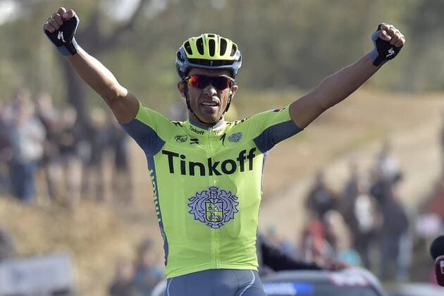 CONTADOR VELASCO Alberto (ESP) Rider of TINKOFF celebrates the win during stage 5 of the 42nd Tour of Algarve cycling race with start in Almodovar and finish in Malhao (Loule) on February 21, 2016 in Malhao, Portugal. CYCLISME : Tour de l Algarve - Etape 5 - lmodovar - Malhao - 21 02 2016 PhotoNews Panoramic 