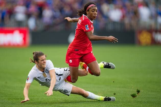 Fußball, Damen, Olympia Quali, USA gewinnt CONCACAF-Finale gegen Kanada February 21, 2016: United States defender Kelley O Hara (5) and Canada midfielder Ashley Lawrence (10) get tangled up during the Final match of the CONCACAF Olympic Qualifying tournament between Canada and the USA at BBVA Compass Stadium in Houston, TX. USA won 2-0... Soccer 2016: Canada vs USA FEB 21 - ZUMAc04_