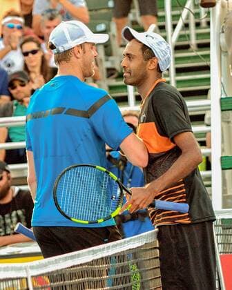 Feb. 21, 2016 - Delray Beach, Florida, US - SAM QUERREY (left) and RAJEEV RAM meet at the net after Querrey won the singles final title over Ram 6-4, 7-6(6) at the ATP Tennis Herren World Tour Delray Beach Open in Delray Beach, Florida. ATP World Tour Delray Beach Open Singles Final - ZUMAd84_