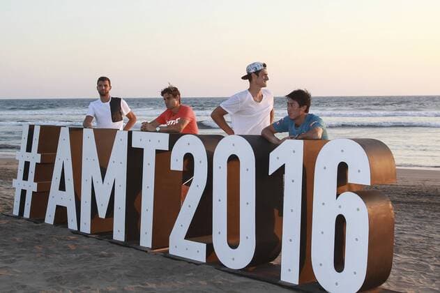 Tennis, ATP-Turnier in Acapulco, Photocall Tennis players (L-R) Grigor Dimitrov of Bulgaria, David Ferrer of Spain, Bernard Tomic of Australia, and Kei Nishikori of Japan pose during a promotional event for the Mexican Open tennis tournament in Acapulco, Mexico, 21 February 2016. The tournament runs from 22 to 28 February 2016. Mexican Open tennis tournament !ACHTUNG: NUR REDAKTIONELLE NUTZUNG!  20160222-635917260114656814